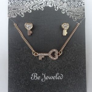 Rhinestoned Heart Key Necklace & Stud Earring Set